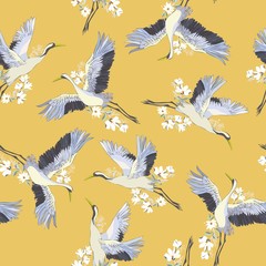 Japanisches nahtloses Muster von Vögeln und von Wasser. Traditioneller Vintage-Stoffdruck. Weißer und blauer Indigohintergrund. Kimono-Design. Einfarbige Vektorillustration.