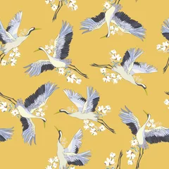 Gordijnen Japans naadloos patroon van vogels en water. Traditionele vintage stoffenprint. Witte en blauwe indigo achtergrond. Kimono-ontwerp. Monochroom vectorillustratie. © Vladimir