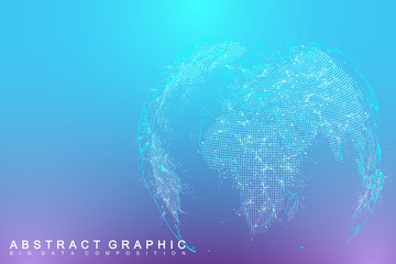 Big data complex world globe. Graphic abstract background communication. Perspective backdrop of depth. Virtual minimal array with compounds. Digital data visualization. Vector illustration Big data.