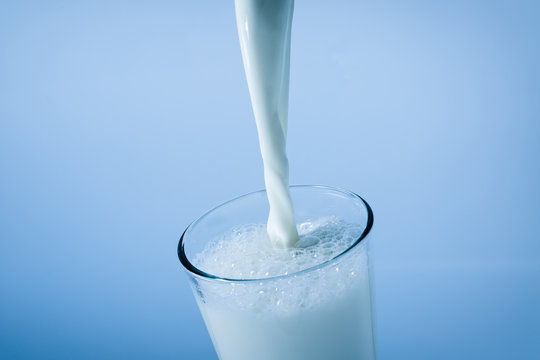 Pouring milk into a glass, splash on blue background