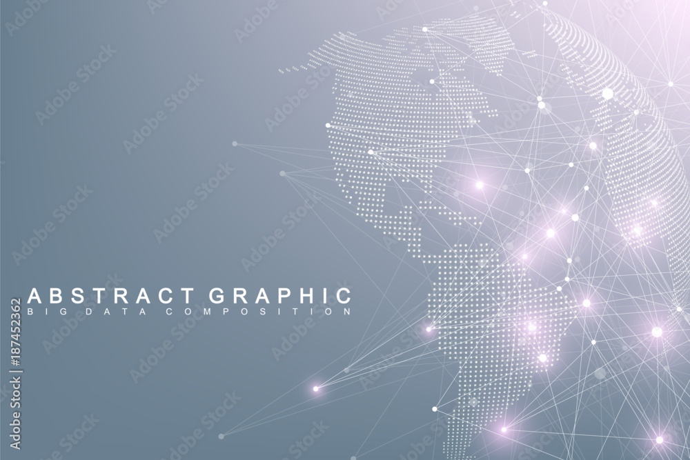 Poster Big data complex world globe. Graphic abstract background communication. Perspective backdrop of depth. Virtual minimal array with compounds. Digital data visualization. Vector illustration Big data.