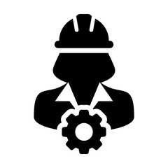 Service Icon Vector Female Person Worker Avatar Profile with Gear Cog Wheel for Engineering Support and with Hard Hat in Glyph Pictogram Symbol illustration