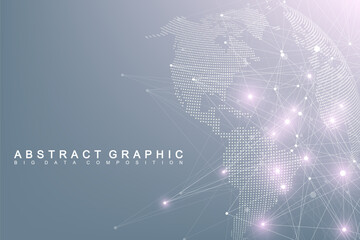 Big data complex world globe. Graphic abstract background communication. Perspective backdrop of depth. Virtual minimal array with compounds. Digital data visualization. Vector illustration Big data. - obrazy, fototapety, plakaty