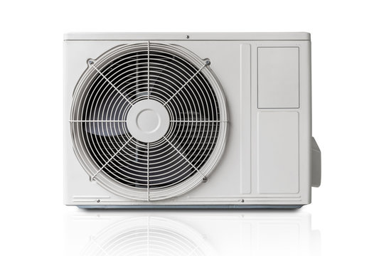 White Metal Air Conditioner Unit Isolated On White Background With Clipping Path