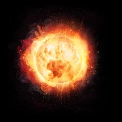 Photo sur Aluminium Flamme Explosion de boule de feu abstraite comme le concept de soleil sur fond noir