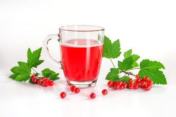 Red currant drink and berries isolated on white