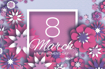 8 March. Happy Mother's Day. Pink white Paper cut Floral Greeting card. Origami flower .Square Frame, space for text. Happy Women's Day. Text. Spring blossom. Seasonal holiday on violet.