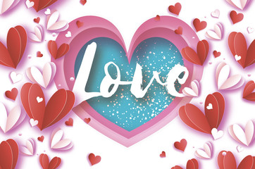 Love title. Origami Happy Valentine's day Greetings card. Flying Love White and Red Hearts in paper cut style. Heart frame. Romantic Holidays on blue skye. 14 February.