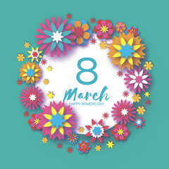 Colorful Happy Women's Day. 8 March. Trendy Mother's Day. Paper cut Floral Greeting card. Origami flowers flying around Circle frame. Spring blossom. Seasonal holiday. Modern paper decoration.