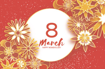 Gold 8 March. Happy Women's Day. Trendy Mother's Day. Paper cut Floral Greeting card. Origami flower. Text. Circle frame. Spring blossom on red. Seasonal holiday. Modern paper decoration.