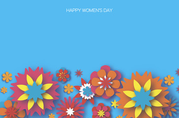 Colorful 8 March. Happy Women's Day. Trendy Mother's Day. Paper cut Floral Greeting card. Origami flower. Space for Text. Spring blossom on sky blue. Seasonal holiday. Modern paper decoration.