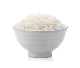 rice in a white bowl on white background