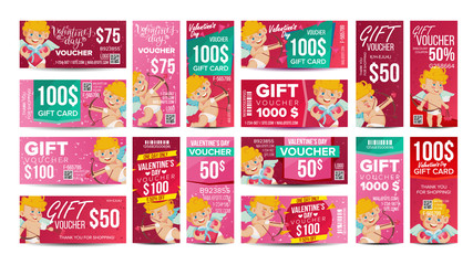 Valentine s Day Voucher Gift Design Vector. Set Horizontal Vertical Discount. Happy Valentine Cupid And And Gifts. February 14 Advertisement. Marketing Illustration