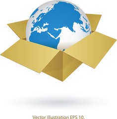 World Map Globe in Box for Shipping, Transportation Business and Technology Concept, Vector Illustration EPS 10.