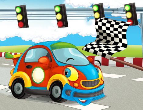 cartoon funny and happy looking racing car on race track - illustration for children © honeyflavour