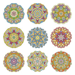 Flower vector mandalas set. Collrction of oriental circle patterns, coloring illustrations