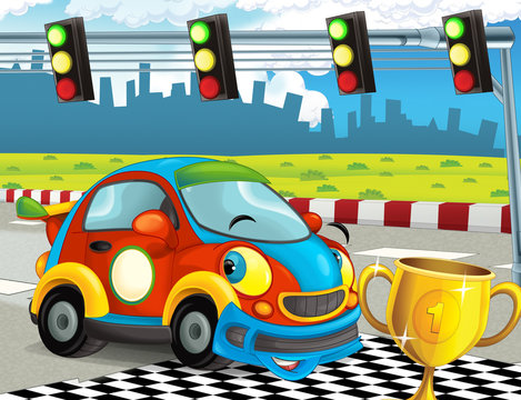 cartoon funny and happy looking racing car on race track - illustration for children © honeyflavour