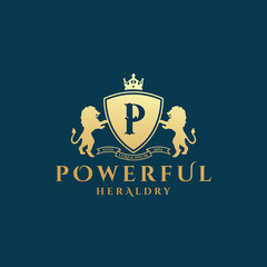 Powerful Heraldry Abstract Vector Sign, Symbol or Logo Template. Golden Lion Sillhouettes with Shield, Banner, Crown and Classy Retro Typography. Vintage Vector Crest or Emblem.