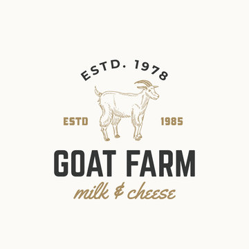 Goat Dairy Farm Abstract Vector Sign, Symbol or Logo Template. Hand Drawn Goat Sillhouette with Retro Typography. Vintage Emblem.