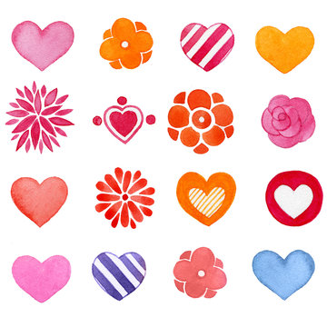Set of hand-drawn shapes. Flowers, hearts, watercolor romantic icons.