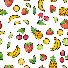 Obraz premium Banana, cherry, lemon, lime, pineapple, strawberry on white background pattern