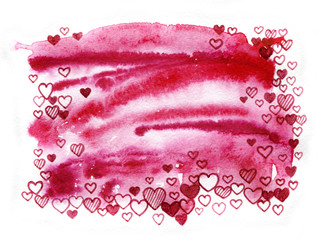 Beautiful hand-drawn romantic watercolor background. Valentine's day greeting card template with love hearts.