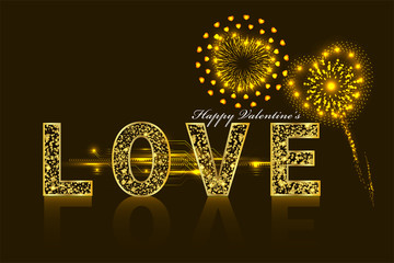 Fireworks over LOVE golden glitter text, happy Valentines card with space for text. illustration vector.