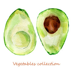 Two slices of avocado isolated on white background. Watercolor hand-drawn avocado with pit. - 187456564