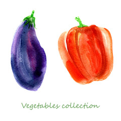  Watercolor hand-drawn vegetables. Organic eco food. Bell pepper and eggplant isolated on white background.