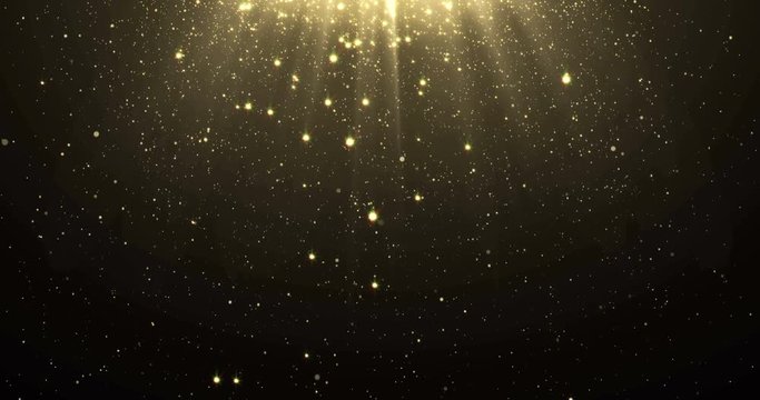 Abstract gold glitter particles background with shining stars falling down and light flare or glare overlay effect above for luxury premium product design or award template backdrop. Magic radiance