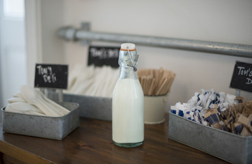 Old fashioned milk bottle in cafe