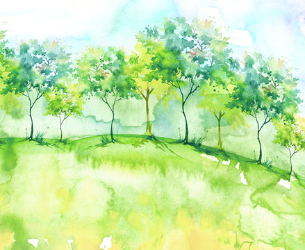      Watercolor background. Blossoming meadow, field, countryside landscape. Green Tree. Summer, Spring landscape. Silhouettes of forest, trees, wild grass, flower, plant. With a place for writing. 
