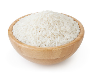 White long-grain rice in wooden bowl isolated on white background with clipping path