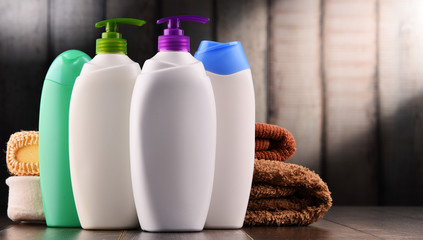 Plastic bottles of body care and beauty products