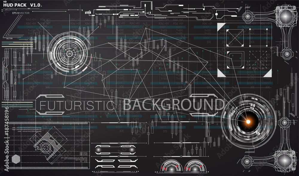Poster HUD UI background outer space. infographic elements. futuristic user interface. Vector science Polygonal background. Black and white infographic elements. futuristic user interface HUD