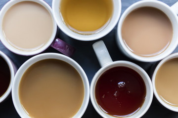 Background of various tea and coffee hot drinks
