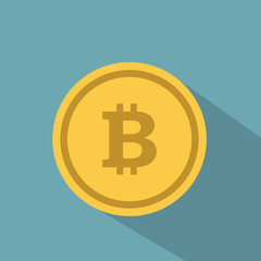 Bitcoin. Physical bit coin. Digital currency. Cryptocurrency. Golden coin with bitcoin symbol isolated on blue background. Stock vector illustration.