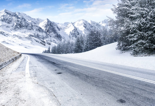 winter road and snow with frost 