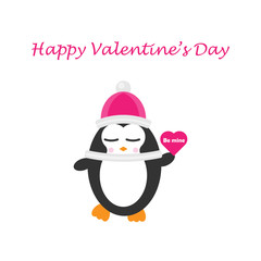 Cute penguin with heart, happy valentine's day, be mine, flat design for invitation card, vector illustration in cartoon style