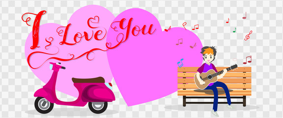 Boy playing guitar on a classic motorcycle for Valentine's day. on happy valentine's day and Love pink background design for valentine's festival .Vector illustration.Cartoon style.