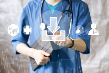 Doctor pushing button download healthcare network on virtual panel medicine.