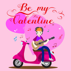 Boy playing guitar on a classic motorcycle for Valentine's day. on happy valentine's day and Love pink background design for valentine's festival .Vector illustration.Cartoon style.