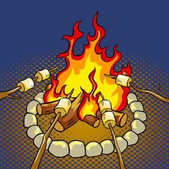 Marshmallow on bonfire pop art vector illustration