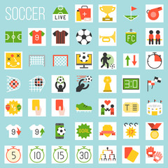soccer flat icons, rules and elements such as goal, match of the day, red card, referee, scoreboard, tournament, first aid, football field, arena, fan club, strategy, whistle, foal, stud shoes, timer