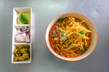 Curried Noodle Soup (Khao Soi) - Traditional Thai Food  Northern Thai cuisine.