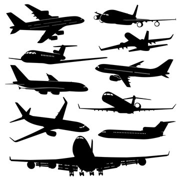 Air plane, aircraft jet vector silhouettes
