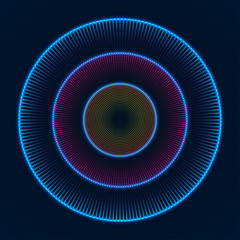 Colorful glowing concentric circles of dots. Abstract vector background