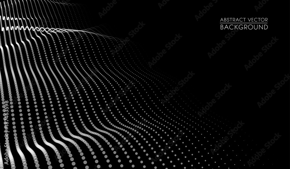 Poster vector abstract futuristic digital landscape with particles dots and stars on horizon. computer geom