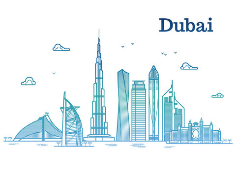Colorful detailed dubai line vector cityscape with skyscrapers