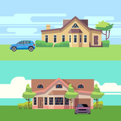 Fototapeta premium Vector horizontal banners with houses with cars. Flat vector illustration